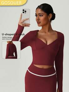 Women's Slim Fit Deep V Neck Thumb Buckle Outdoor Casual Sports Long Sleeve T-Shirt For All Season - Red Violet - View 2