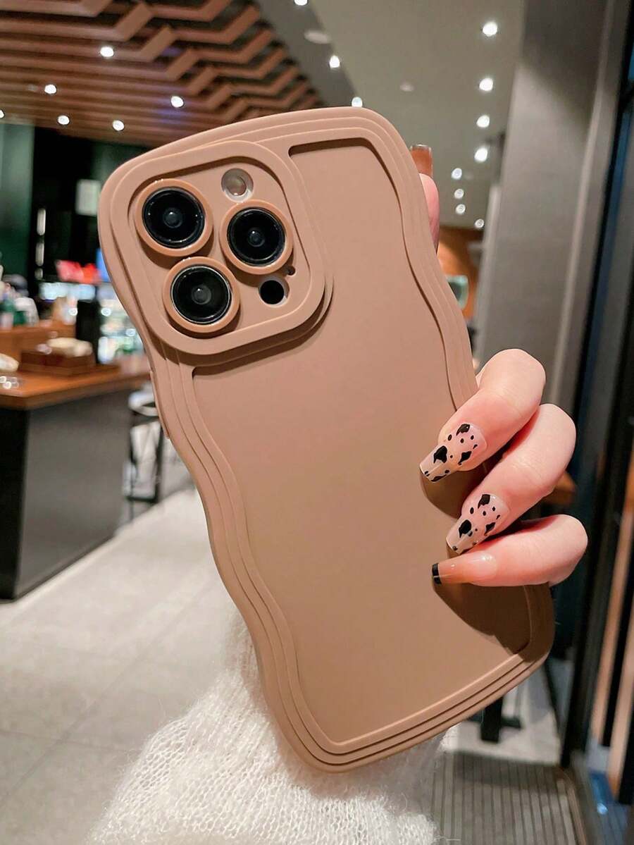 Solid Color TPU Fashionable Macaron Khaki Wave Frame Anti-Drop Phone Case, Compatible With Apple 16/15 PROMAX/15 PLUS/15 PRO/15/14 PROMAX/14 PLUS/14 PRO/14/13 PROMAX/PROMAX/12 PROMAX/12 PRO/12/11 PROMAX/11 Waterproof Shockproof Scratch Resistant Spring Gift 1pc - Brown - View 1