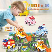 Juguete de coches para bebés de 3 años, coches de retroceso, juguete de empujar y avanzar para bebés, regalo de primer cumpleaños, vehículos a fricción con estera, juego de juguetes de vehículos a presión con diseños de dibujos animados, regalos