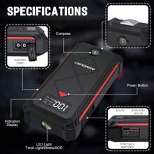 Avviatore per auto P100, pacco batteria al litio da 3000 A di picco per motori fino a 10,0 l a benzina o 8,0 l, pacco batteria portatile sicuro da 12 V con schermo e luce a LED.