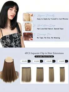 Extensiones de cabello rectas de 14 pulgadas, set de 4 piezas. Extensiones de cabello sintético suave y natural para aumentar el volumen del cabello de las mujeres, para uso diario y de fiesta - Multicolor - Ver 6