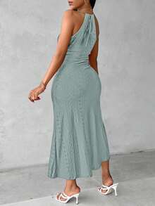 ChicMe Đầm nữ dáng chữ A không tay, xếp ly rỗng, xẻ tà phía trước, hở lưng, màu trơn, gợi cảm và thanh lịch, thích hợp cho kỳ nghỉ và dạ hội. - màu xanh lá - Xem 4
