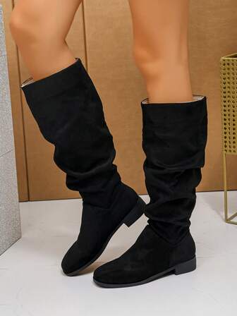 女士时尚经典性感休闲秋冬百搭低跟方头黑色防滑中筒休闲过膝靴