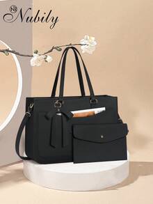 15.6 Inch Leather Laptop Tote Bag For Women - Waterproof Work Tote & Professional Office Briefcase | Large Capacity Computer Bag For Business, College & Travel (Fits Most 15.6" Laptops - màu đen - Xem 2