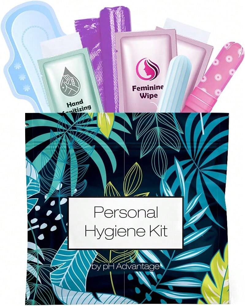Menstrual Kit All-In-One | Convenience On The Go | Single Period Kit Pack For Travelling, Tweens & Teenagers | Individually Wrapped Feminine Hygiene Products (Blue Forest)