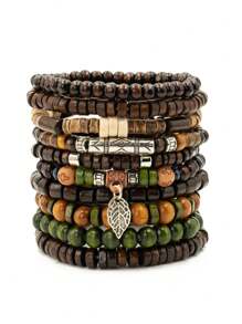 10pcs/Set Bohemian Style Wooden Bead, Sea Turtle, Coconut, Turquoise Bracelet Set, Suitable For Men's Daily Wear