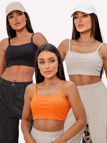 Kit Of 3 Cropped Top Blouses With Ribbed Straps - BLACK/NUDE/ORANGE - View 1