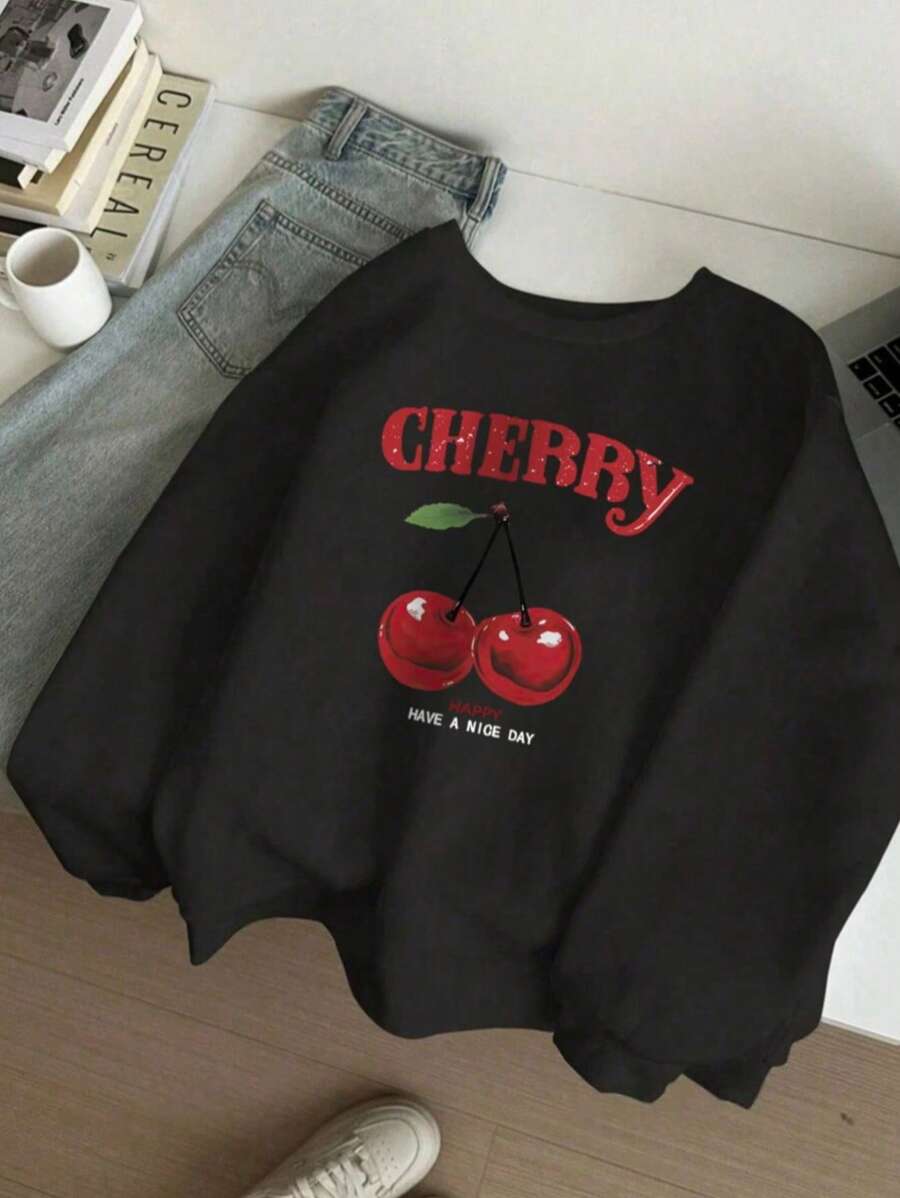 Women's Cherry Sweatshirt Top Premium Line Coat Round Neck Without Hood Long Sleeve