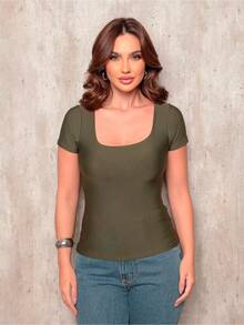 Basic Square Neck Blouse With Sleeve Comfortable Elegant Women's Fashion - xanh quân đội - Xem 5