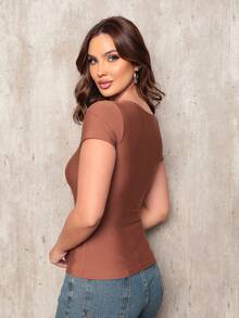 Basic Square Neck Blouse With Sleeve Comfortable Elegant Women's Fashion - Rỉ Nâu - Xem 5
