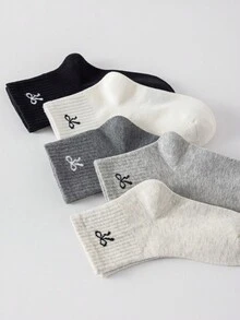 5双儿童袜子，纯色蝴蝶结图案女童四季可爱休闲简约日常旅行可穿儿童中筒袜。