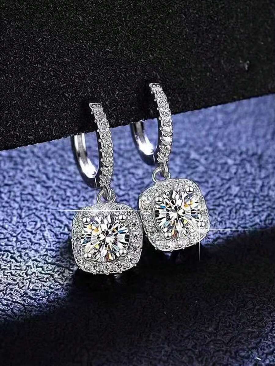 1 Par de Brincos de Cobre com Pedra de Zircônia Quadrada Elegante e da Moda, Adequado para Uso Diário e Cerimônias de Casamento