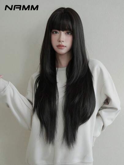 NAMM 32 英寸优雅黑色长层次剪裁女士假发，丝滑合成纤维，适合日常办公室佩戴 - Sakura Celebrations Glam & Party Streetwear 摄影 - 女孩礼物假发配件