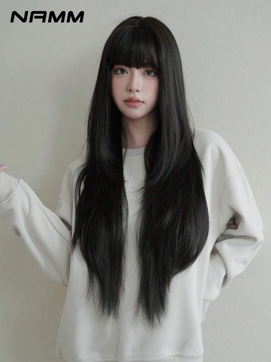 NAMM 32英寸优雅黑色长款层次剪裁假发，女士款，丝滑合成纤维，适合日常办公佩戴 - Sakura Celebrations 魅力派对街头风摄影 - 女孩礼物假发配件