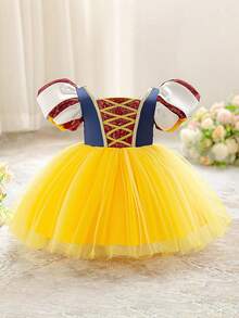 女婴泡泡袖公主薄纱派对连衣裙 - 黃色 - 查看 2