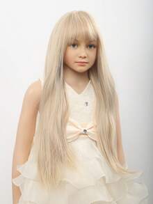 儿童长款金色直发假发，带刘海的儿童金色假发，女童浅金色长款假发，合成假发