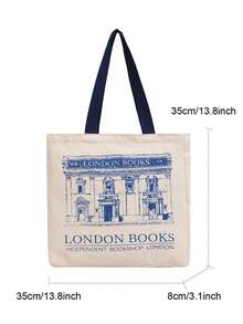 女士单肩包，伦敦书籍印花，女士休闲手提包，可重复使用，大容量，购物袋，沙滩包 - 米色 - 查看 9