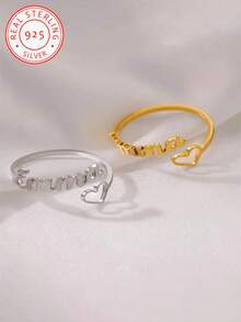 A 925 Silver Elegant And Simple Custom English Name Heart Model Open-End Ring, Personalized Love And Hope Adjustable Open-End Ring, Suitable For Daily Wear, Both Men And Women's Jewelry Gifts