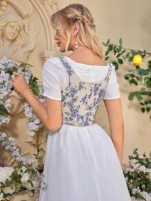 Womens Vintage 1920s Renaissance Lace Trim Corset Bustier, Retro Fashion - 藍白色 - 查看 4