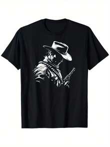 Retro Cowboy Old Western West Gun Revolver Countryman T-Shirt Vintage Street Fashion Letter Print T-Shirt Four Seasons Fabric Micro-Elastic 100% Pure Cotton 180g Fabric Weight Regular Size S-XXXL T-Shirts,100% Pure Cotton Short Sleeved Shirt, Essential For Summer And Spring, Loose Casual Round Neck, Men's Letter Printed T-Shirt, Suitable For Sports Enthusiasts - Black - View 1