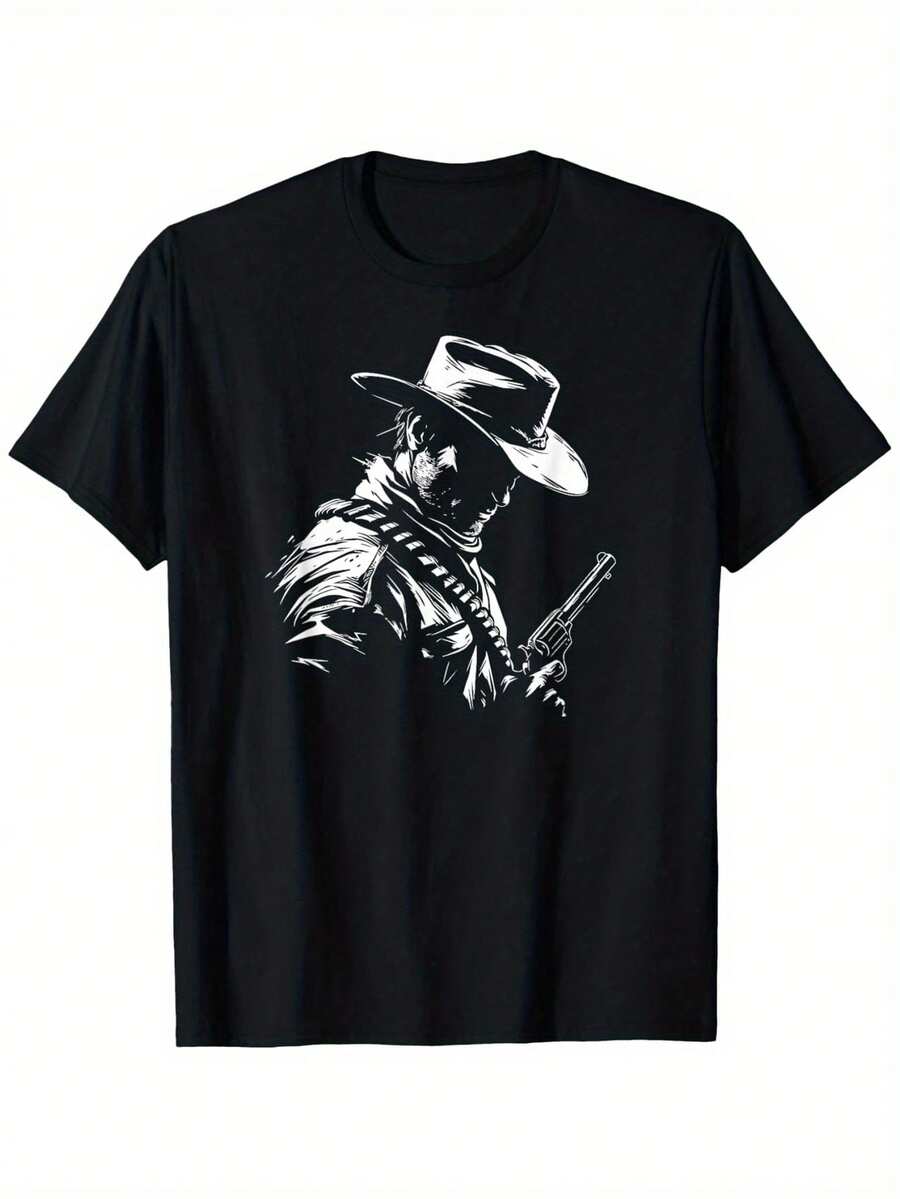 Retro Cowboy Old Western West Gun Revolver Countryman T-Shirt Vintage Street Fashion Letter Print T-Shirt Four Seasons Fabric Micro-Elastic 100% Pure Cotton 180g Fabric Weight Regular Size S-XXXL T-Shirts,100% Pure Cotton Short Sleeved Shirt, Essential For Summer And Spring, Loose Casual Round Neck, Men's Letter Printed T-Shirt, Suitable For Sports Enthusiasts - Black - View 1