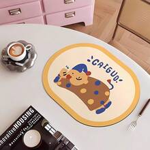 Oval Dopamine Cartoon PU Waterproof Anti-Oil Placemat, Heat-Resistant Trivet Mat For Table, Plate And Cup, Kitchen Decor - Multicolor - View 4