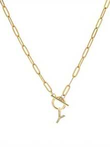 1pc Custom Gold Letter Necklace, Toggle Clasp Design, Sparkling Rhinestone Studded Initial Pendant, Unique Personalized Jewelry To Elevate Your Look, Perfect For Layering