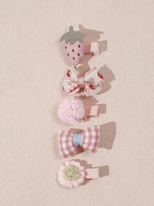 5 件装可爱布艺花朵蝴蝶结婴儿发夹 爱情情人节 - 淺粉色 - 查看 9