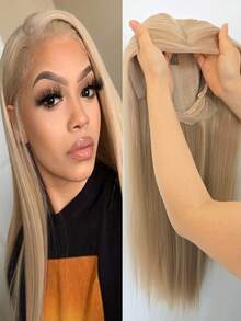 13x4 蜜金色蕾丝前假发，长直蜜金色棕色合成假发，自然发际线，适合黑色/浅色头发，耐热纤维，适合日常佩戴（蜜金色）。 - 金色 - 查看 5