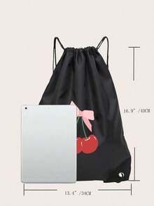 1 pezzo Zaino con coulisse carino a stampa di ciliegie/fiocchi, in materiale di poliestere, adatto per ragazzi e ragazze, zaino sportivo di grande capacità, borsa da basket, adatto per sport e attività all'aperto - nero - Visualizzare 2