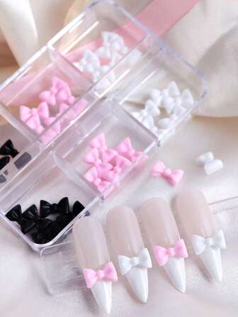 30/50 stuks witte en roze nagelaccessoires met stropdas, schattige zwarte nagelaccessoires in Koreaanse stijl, geschikt voor het decoreren van doe-het-zelf salonbenodigdheden voor nagelkunst voor vrouwen