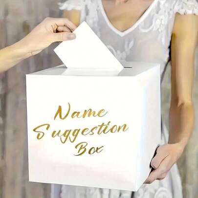 A Set Of Name Suggestion Boxes With Golden Foil, Including A Display Card And 30 Voting Cards. Perfect For Weddings, Baby Showers, Birthdays, Anniversaries, Gender Reveal Parties. Made Of Elegant White Paper