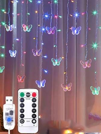 1件装魔法蝴蝶LED窗帘灯 - 96颗LED灯珠，8种模式，USB供电，遥控器控制，适用于卧室、圣诞节、婚礼、派对、宿舍、节日、庭院装饰的仙女灯串。圣诞装饰、冬季房间装饰、家居圣诞装饰、圣诞礼物、圣诞装饰品