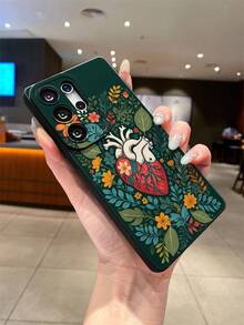 1 件绿色植物心形与花朵黑色瞳孔防震 TPU 手机壳，适合作为节日礼物，兼容 Apple XS/XS Max/XR/11 12 13 14 15 16 Pro/Pro Max/14 15 16 Plus、Nothing、Pixel、INFINIX、Redmi 系列