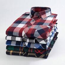 Men's Long-Sleeved Plaid Shirt, Casual Shirts, Striped Streetwear, Fashion Tops - 藏蓝色 - 查看 8
