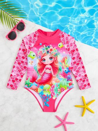 Young Girl' Cartoon Mermaid Print Long Sleeve One-Piece Swimsuit