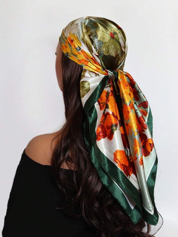 1 peça 90 cm cetim feminino pintura a óleo impressão lenço quadrado faixa de cabeça xale, adequado para uso diário