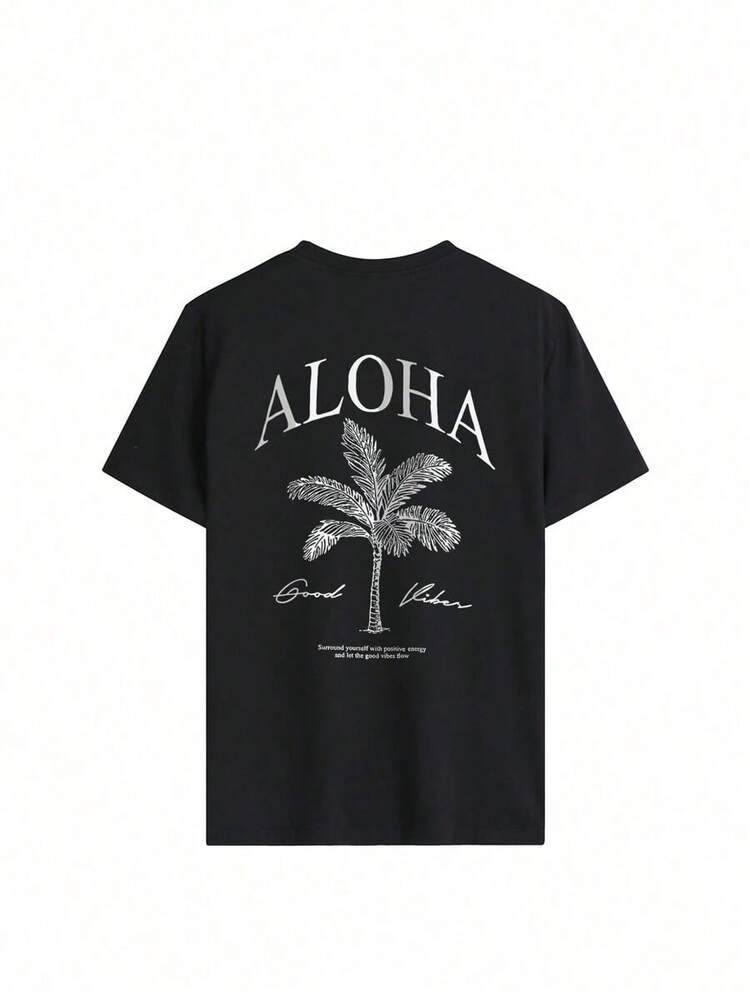 Women's Short-Sleeved T-Shirt With A Round Neck And Palm Print, A Casual And  Style, Ideal For Summer, Your Everyday Essential. Printed T-Shirt, White Top For Women, Black Top, Pink Top, Perfect For Vacation, Breathable And Comfortable - 黑色 - 查看 7