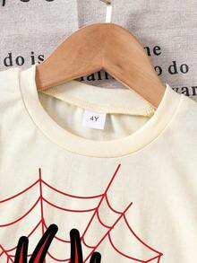 Unisex Kids Spider Web T-Shirt Short Sleeve Summer Casual Spider Print T-Shirt For Young Boy - 米色 - 查看 3