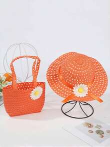 2件套女童多巴胺透气沙滩帽和包包套装，可爱向日葵图案夏季户外遮阳帽 - 2PC - 查看 6