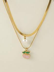 1 件不锈钢双层蛇骨项链，带树脂仿珍珠和水果吊饰（草莓、西瓜、樱桃），非常适合夏季郊游、海滩、情人节礼物和日常佩戴，适合所有场合