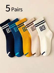 5 pares de calcetines deportivos para niños con patrón de doble barra de colores, calcetines transpirables y absorbentes para fútbol, baloncesto
