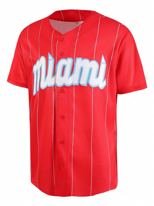 Atonmore Maglia da baseball rossa di Miami, camicia casual sportiva da uomo, con bottoni e ricamo, adatta per allenamenti e partite sportive