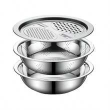 3 PiecesFood-Stainless Steel Kitchen Prep Set: Integrated Grater, Multifunctional Strainer, And Mixing Bowl With Drainage System For Washing, Slicing Fruits, Vegetables, And Cheese