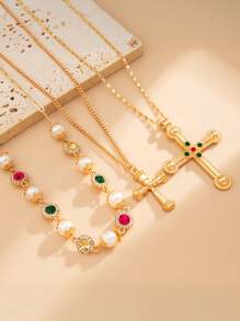 Conjunto de 3 piezas de collar de cuentas de rosario de circonita retro de moda con cruz de brillantes, adecuado para hombres y mujeres, regalo exquisito