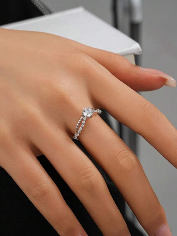 S925 Sterling Silver 6-Prong Solitaire Wrapped Ring In Platinum Plating, Suitable For Wedding, Engagement, Birthday Gift