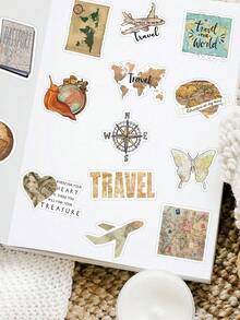 100 张（2 套）复古旅行地图贴纸创意美学贴纸包，适用于装饰手机、日记本、行李箱、笔记本、杯子等，旅行日记装饰贴纸，子弹日记贴纸，回到学校 - 彩色 - 查看 3
