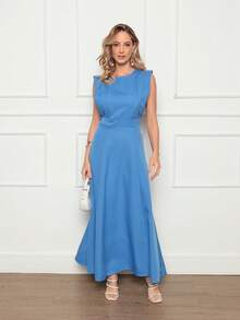 Long Plain Dress For Social Wedding In Tailored Fabric, Sleeveless Elegant - Màu xanh lam - Xem 3