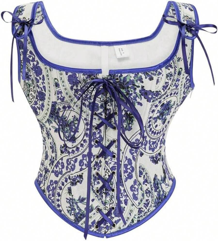 Womens Vintage 1920s Renaissance Lace Trim Corset Bustier, Retro Fashion - 紫色復古 - 查看 1