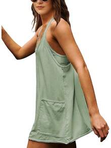 Women's Summer Sleeveless Mini Dress With Built-In Shorts - 主綠地 - 查看 7